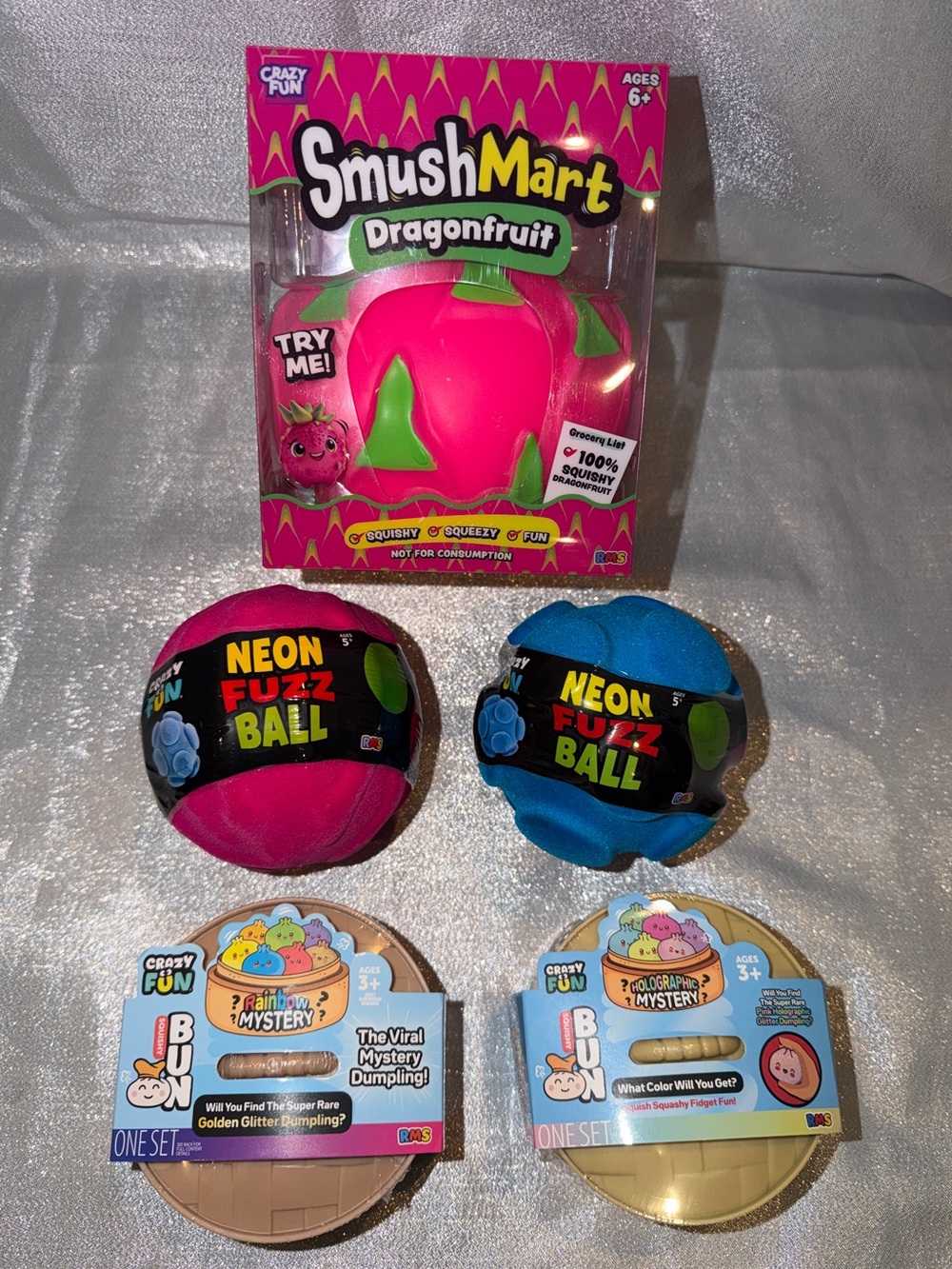 5 Items In All: 2 RMS Squishy Dumplings, 1 Squishy Dragon Fruit  & 2 Fuzz Balls